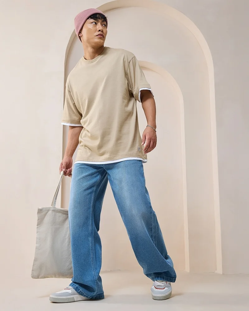 bewakoof  Men's Blue Washed Super Baggy Fit Mid-Rise Jeans for Men | Best Price UAE